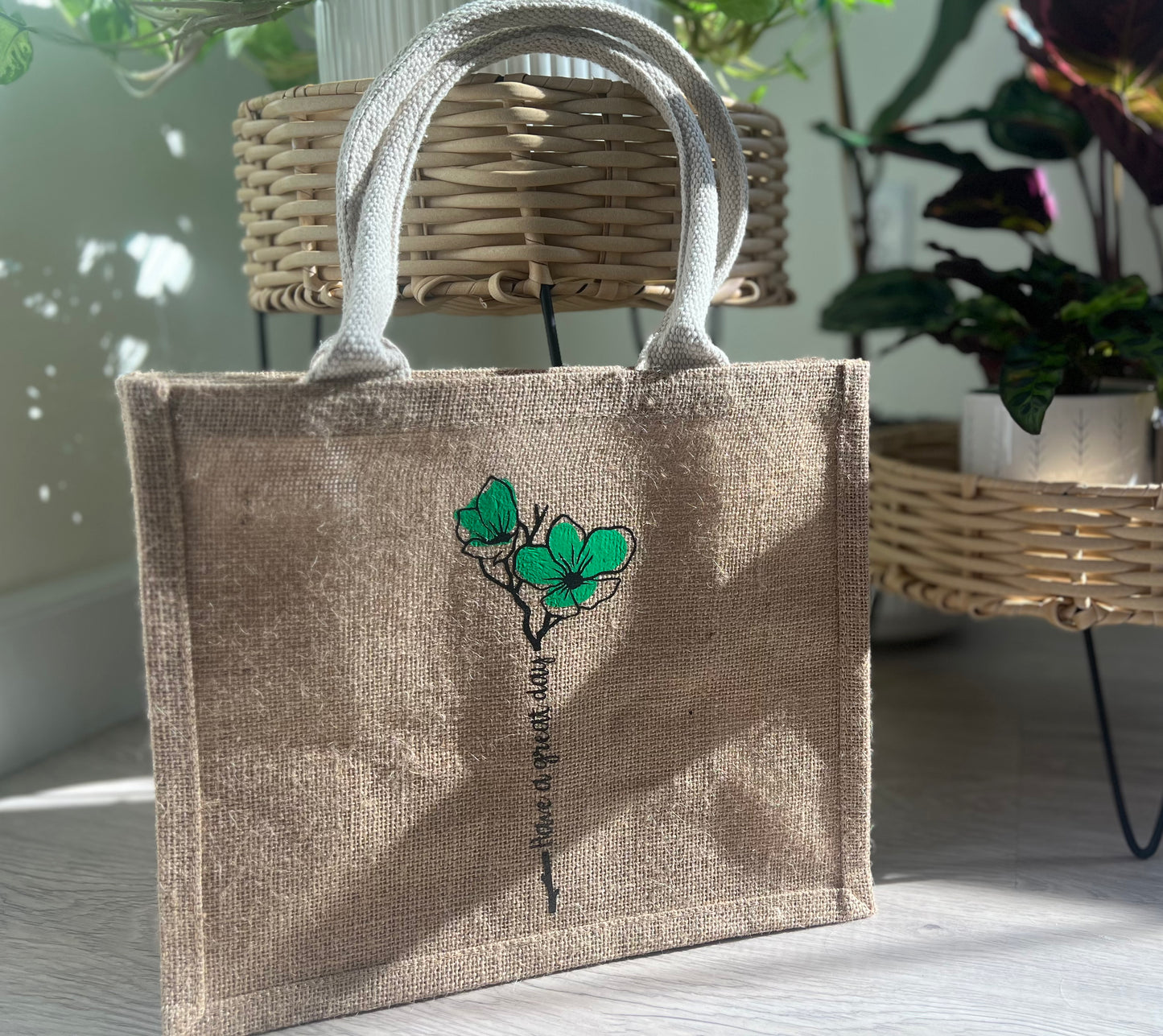 Personalized Name in Flower Jute Burlap Bag