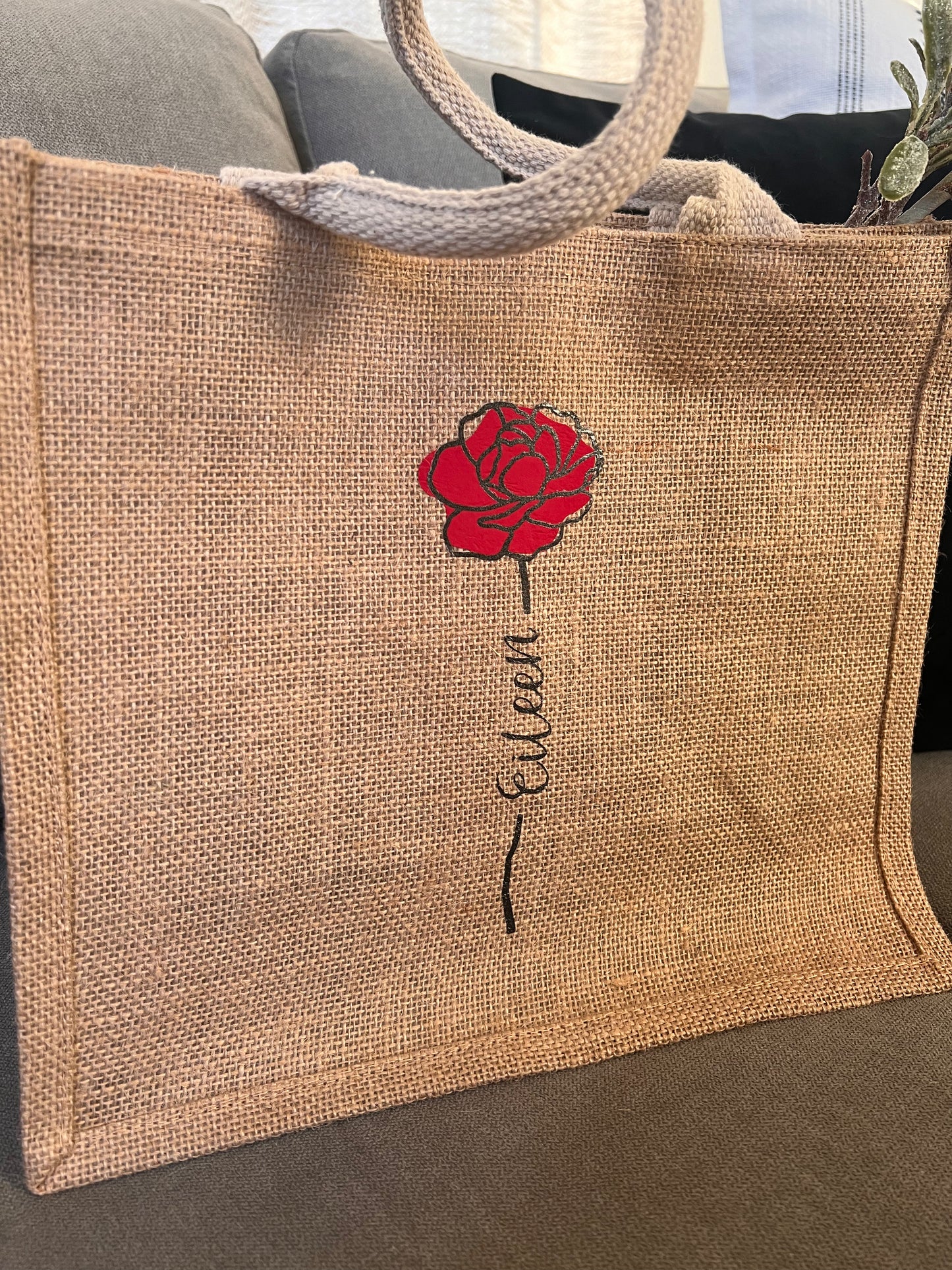 Personalized Name in Flower Jute Burlap Bag