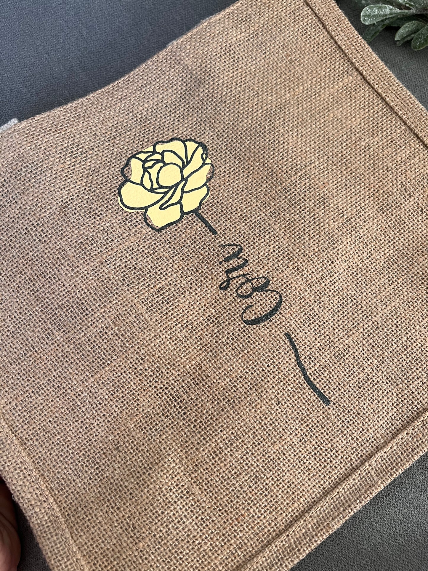 Personalized Name in Flower Jute Burlap Bag