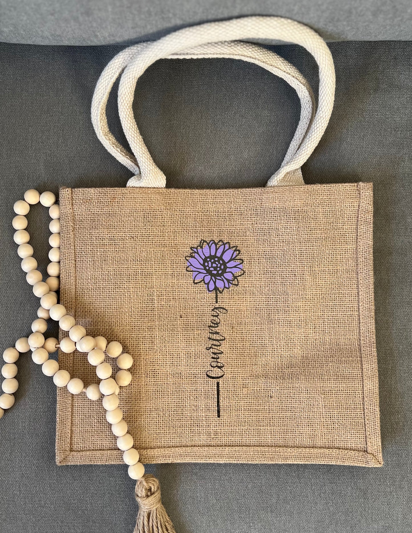 Personalized Name in Flower Jute Burlap Bag