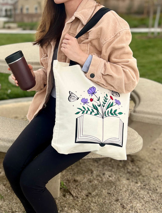 Butterfly Flower Book Canvas Tote Bag