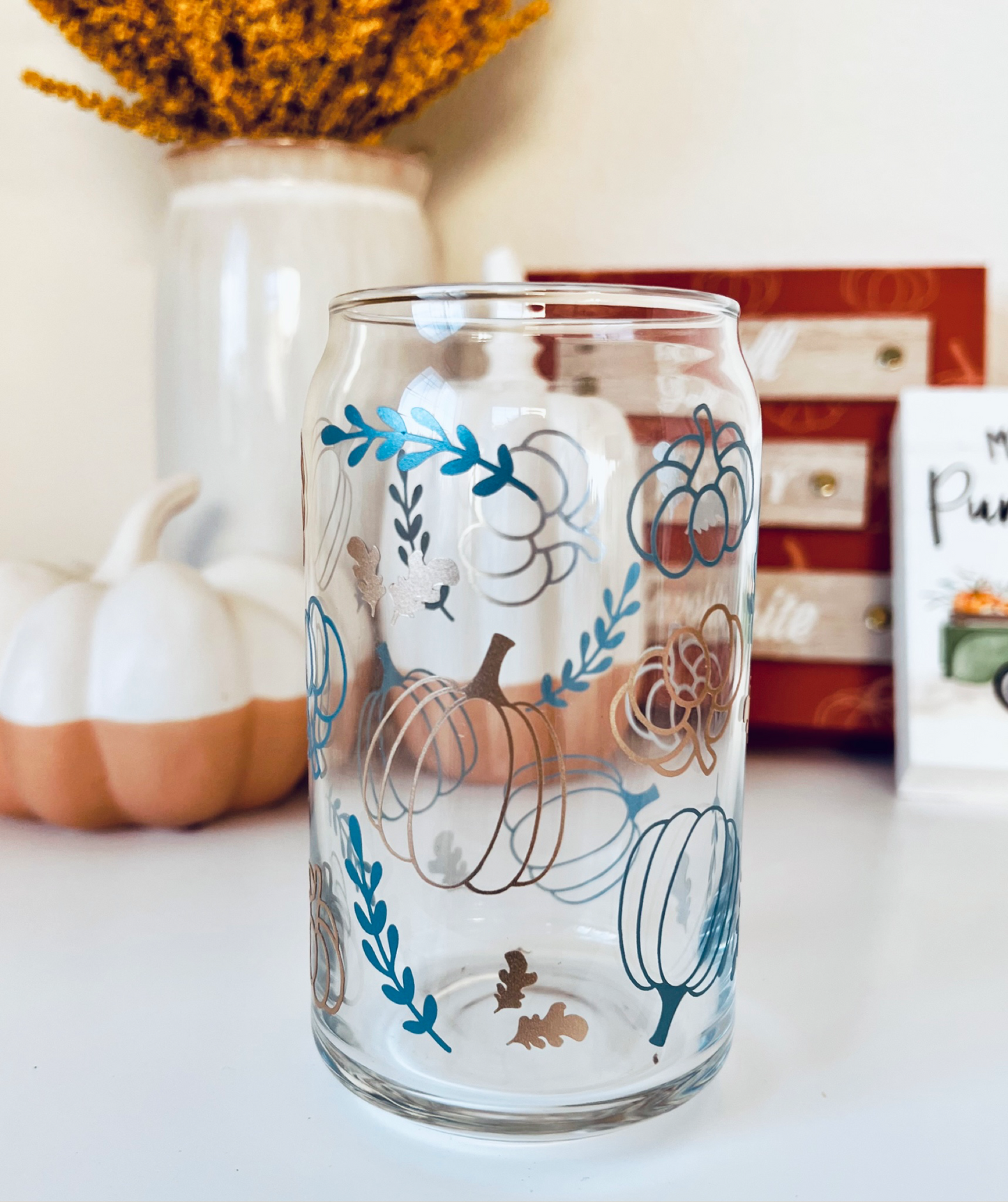 Fall Pumpkin and Leaves Glass Tumbler