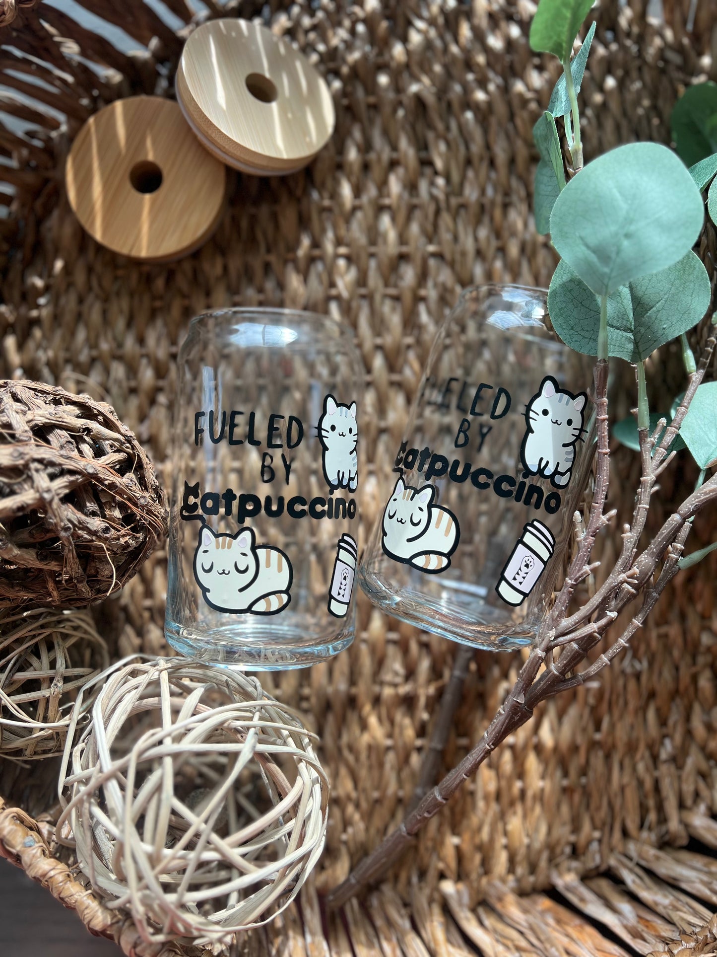 ‘Fueled by Catpuccino’ Cat Lovers Glass Tumbler