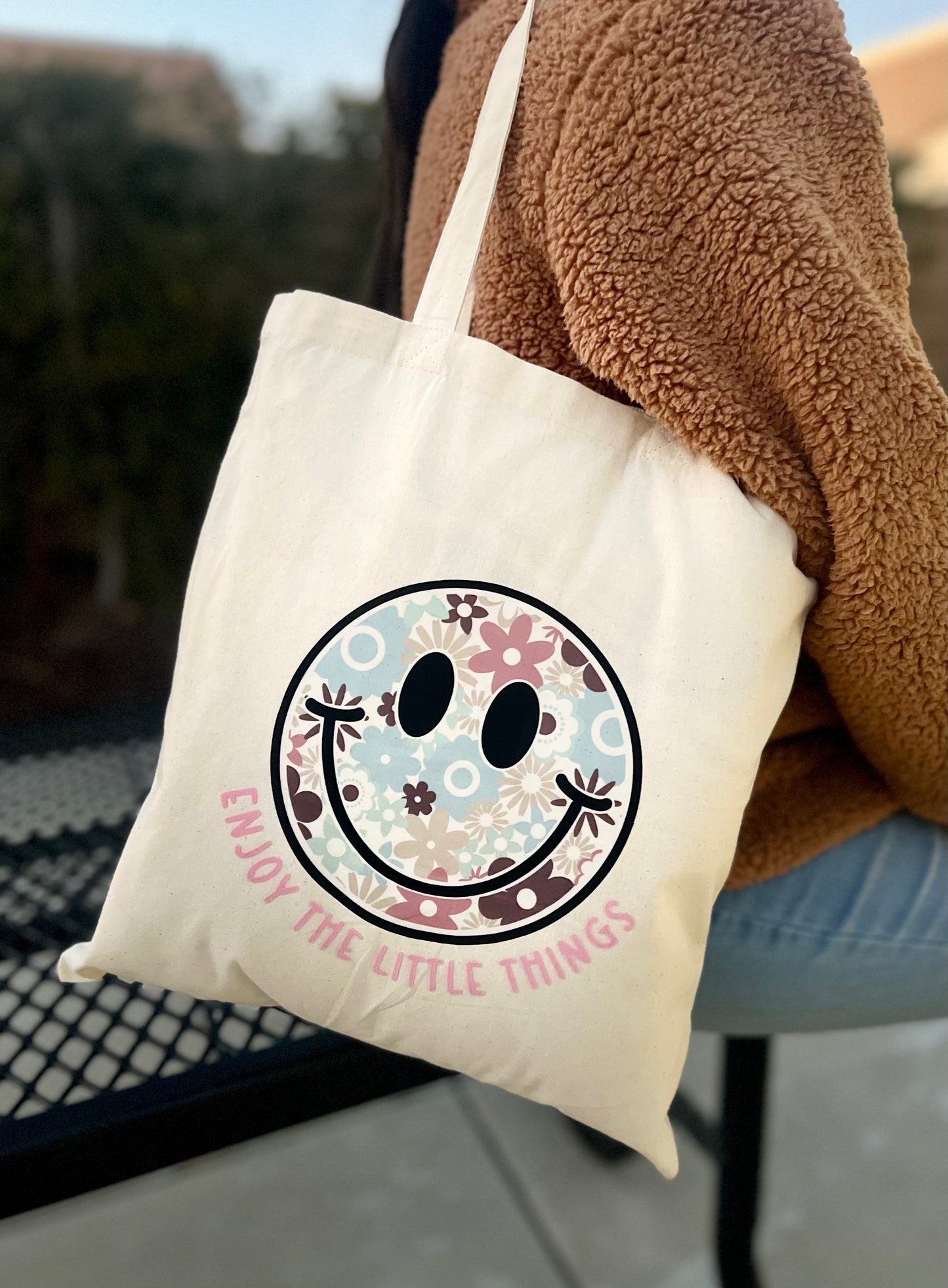 ‘Enjoy The Little Things’ Floral Smiley Face Canvas Tote Bag