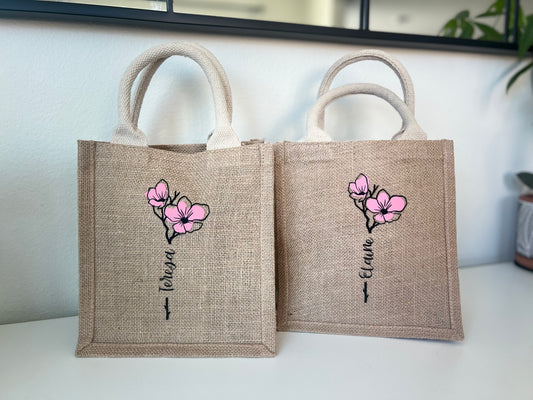 Personalized Name in Flower Jute Burlap Bag