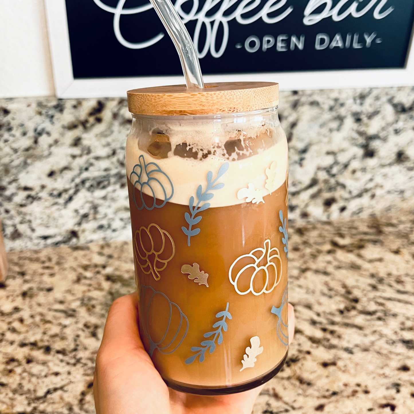 Fall Pumpkin and Leaves Glass Tumbler