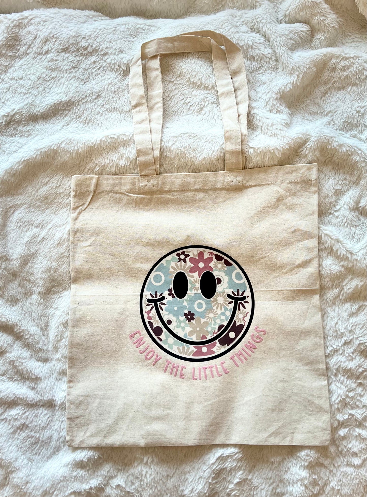 ‘Enjoy The Little Things’ Floral Smiley Face Canvas Tote Bag