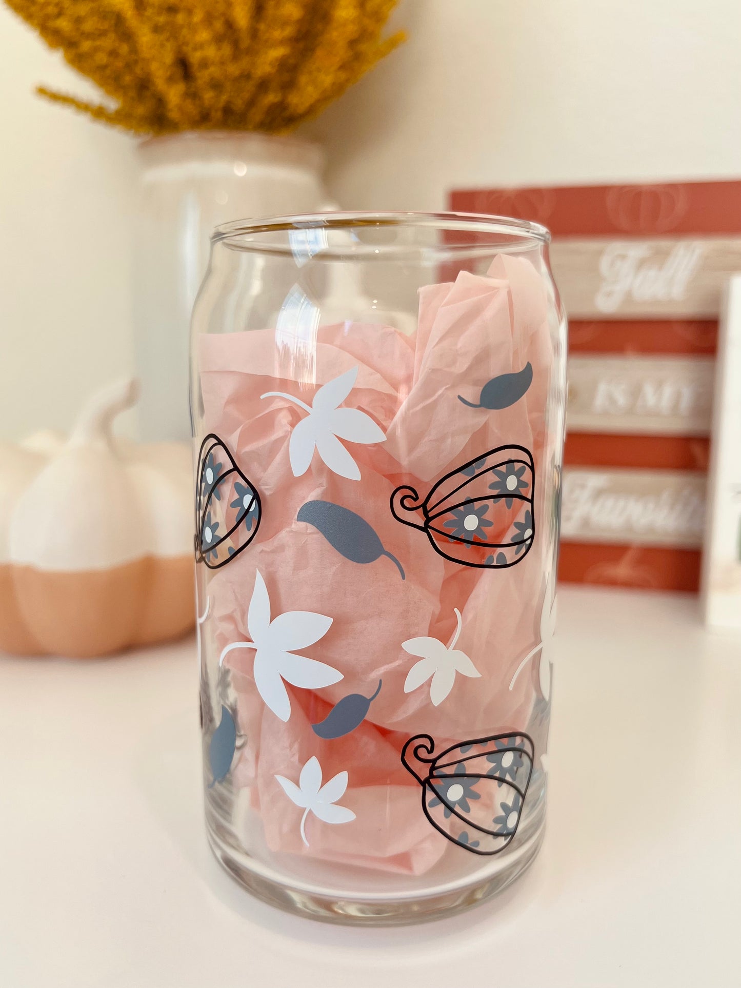 Fall Floral Pumpkin Glass Tumbler