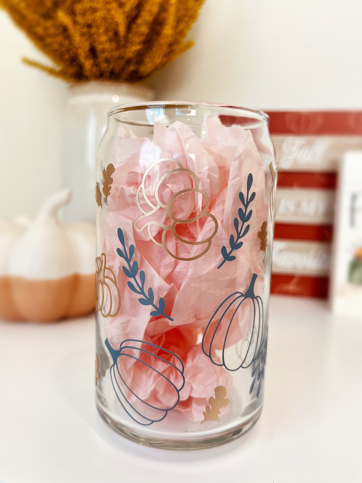 Fall Pumpkin and Leaves Glass Tumbler