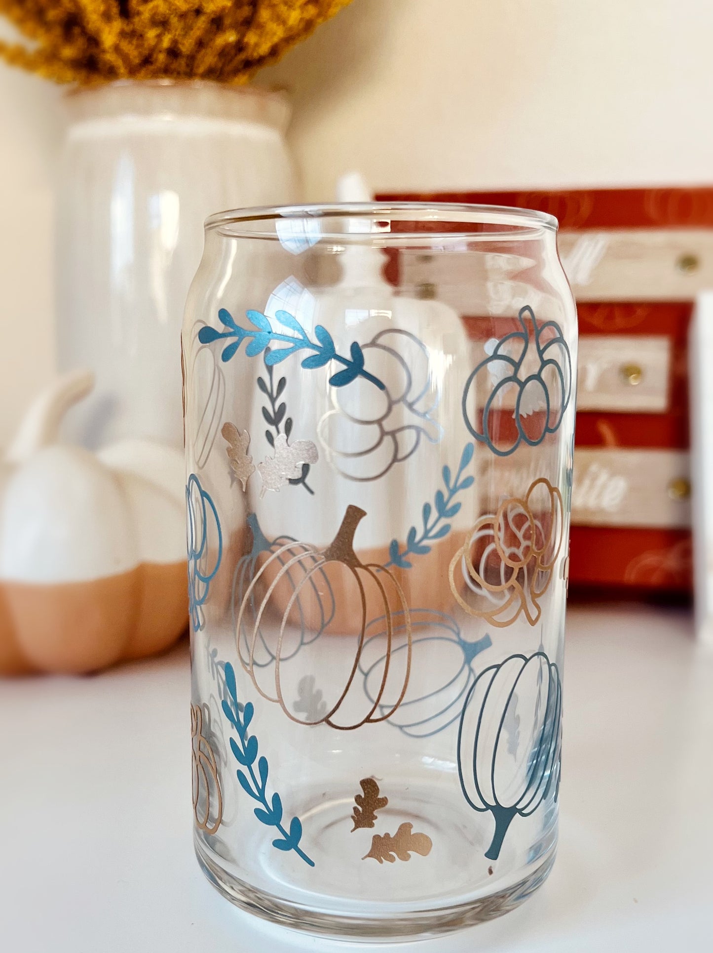 Fall Pumpkin and Leaves Glass Tumbler