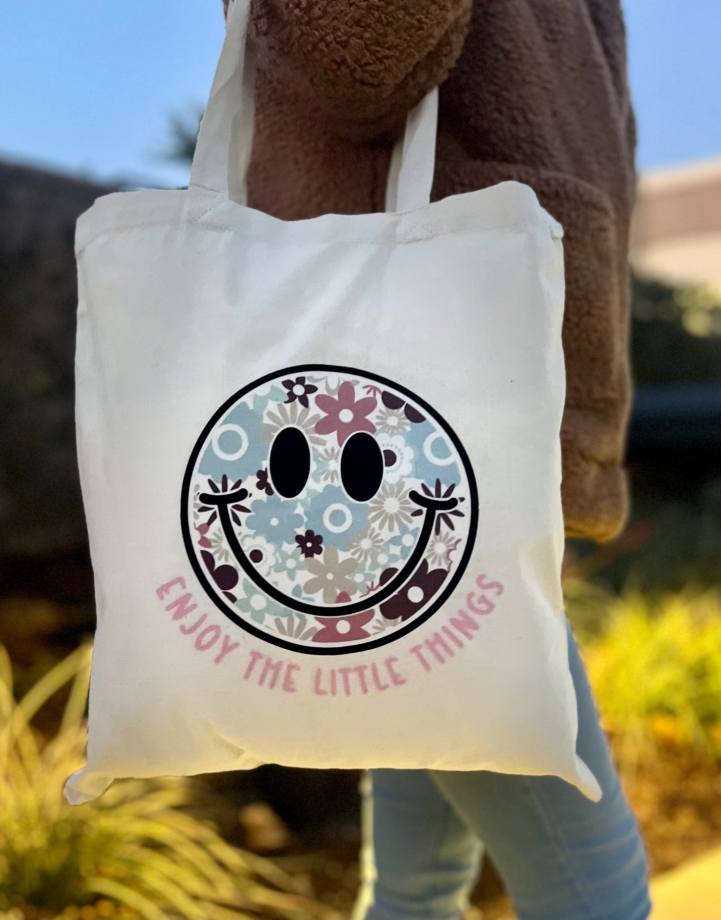 ‘Enjoy The Little Things’ Floral Smiley Face Canvas Tote Bag