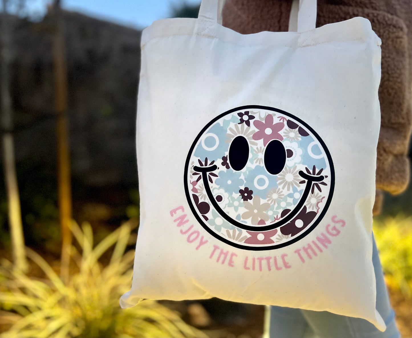 ‘Enjoy The Little Things’ Floral Smiley Face Canvas Tote Bag