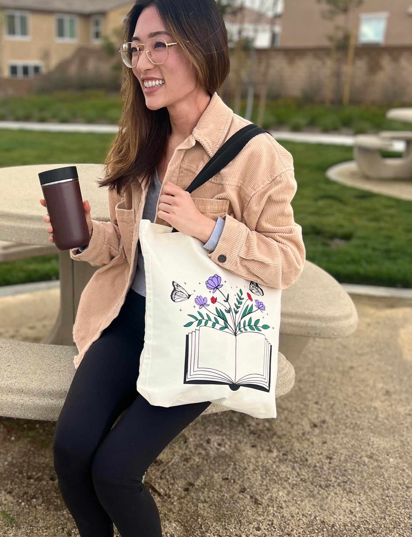 Butterfly Flower Book Canvas Tote Bag