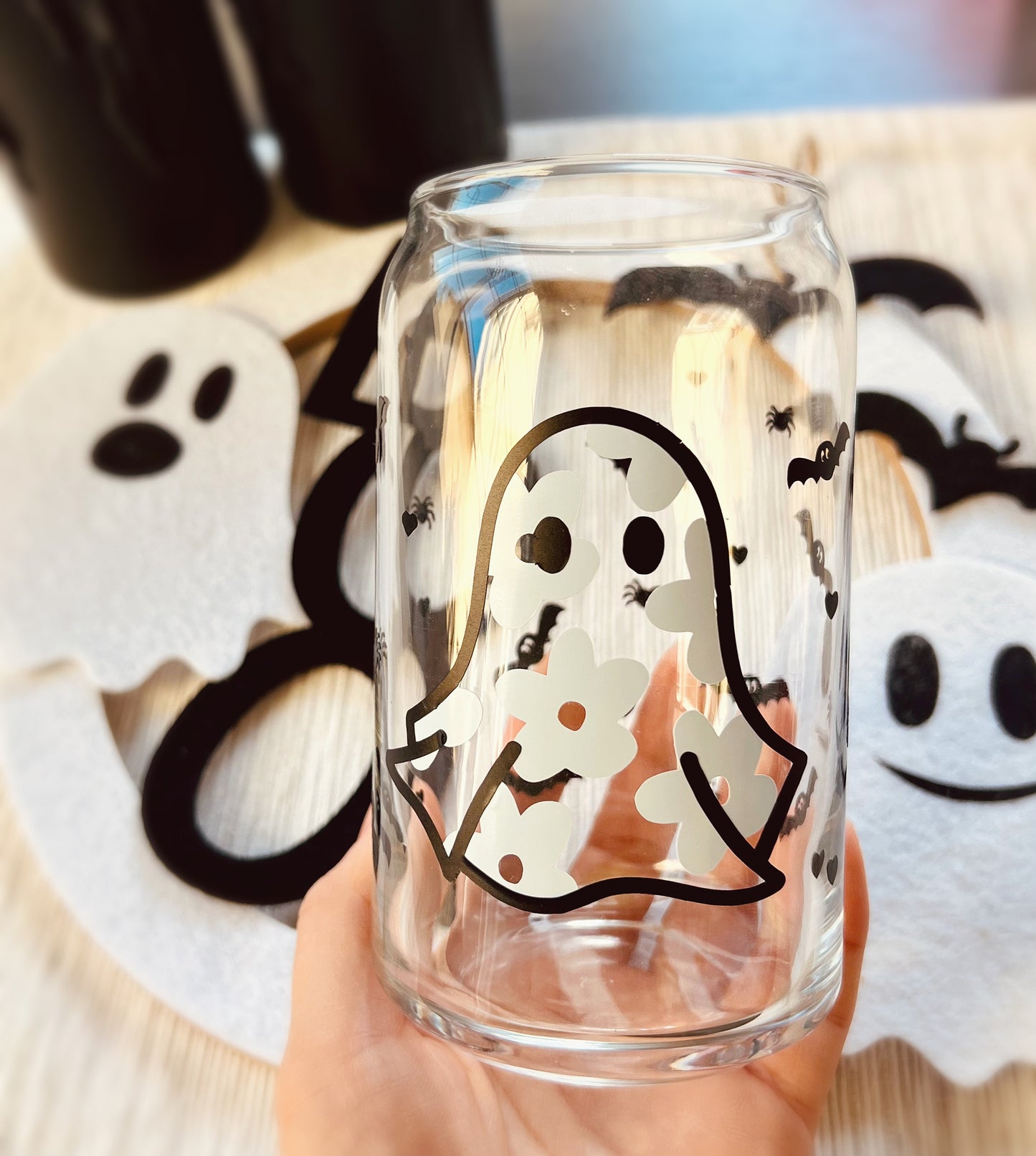 Halloween Flower Ghost with Bats and Spiders Glass Tumbler